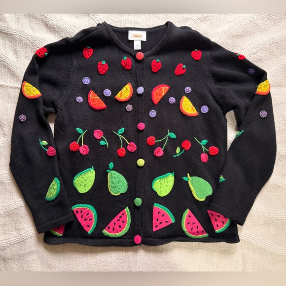 Talbots Sweaters - Vintage Rare Talbots Cardigan with Whimsical Fruit Embroidery Playful Buttons